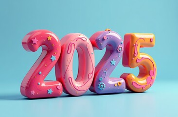 Aufkleber - Realistic Holographic figures of 2025 in 3d. 3d visualization of a Merry Christmas and New Year 2025 greeting card. Multicolored Numbers on pink and yellow. 3D Illustration