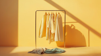 Poster - Clothes rail displaying shirts and trousers with yellow backdrop