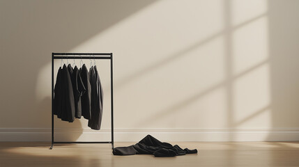 Aufkleber - Black clothes hanging on a rack in a minimalist room