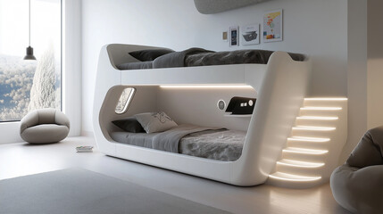 Poster - Modern minimalist white bunk bed with stairs in a spacious room