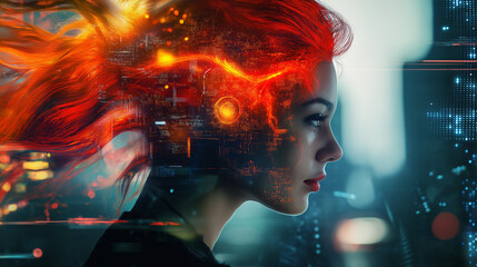 Poster - Woman experiencing futuristic artificial intelligence technology