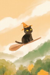 Black cat with witch hat, back view, gliding on a broomstick over a foggy, eerie forest, watercolor cartoon