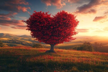 Wall Mural - a heart-shaped tree stands tall in a field of wildflowers, bathed in the golden glow of a setting su