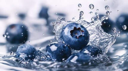 Wall Mural - Blueberry splashing into water with a dramatic burst of droplets, captured mid-fall in a refreshing, clean mockup.