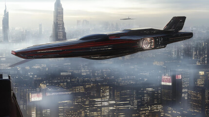 Aufkleber - Futuristic spaceship flying over cityscape at night