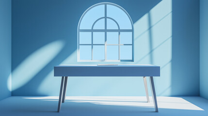 Poster - Minimalist blue room with a table standing in front of arched window