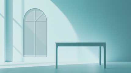 Poster - Empty table standing in minimalist light blue room with arched window