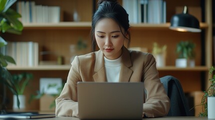 Wall Mural - Young Woman Working on Laptop in Modern Office Setting