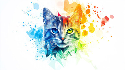 Poster - Colorful cat portrait with abstract geometric shapes and paint splatter