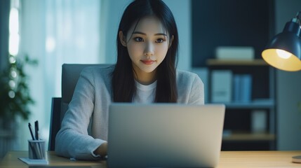 Poster - Focused Female Working on Laptop in Cozy Workspace