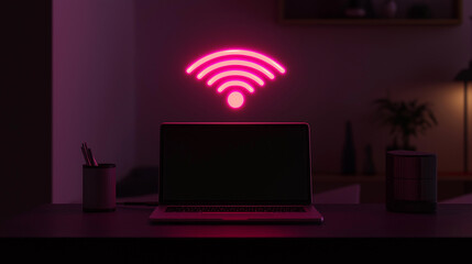 Poster - Laptop showing blank screen with neon wifi symbol glowing above
