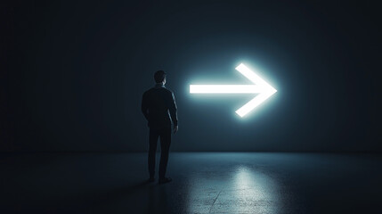Poster - Businessman looking at glowing arrow sign in dark room