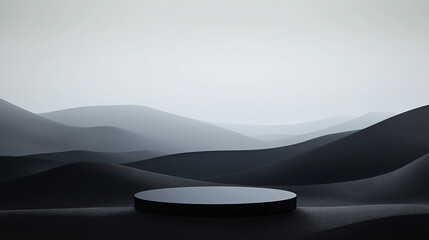 Poster - Black round podium displaying product with abstract mountain landscape background