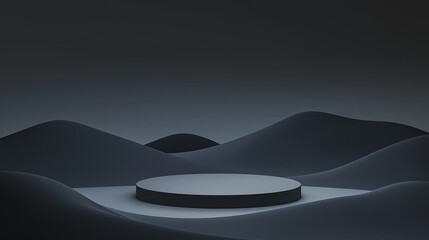 Poster - Black minimalist podium displaying cosmetics on abstract background with hills