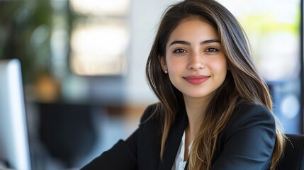 Canvas Print - Professional Woman Smiling in Modern Office Setting