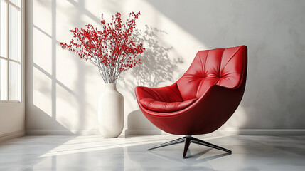 Poster - Red armchair standing in an empty room with red flowers in a vase