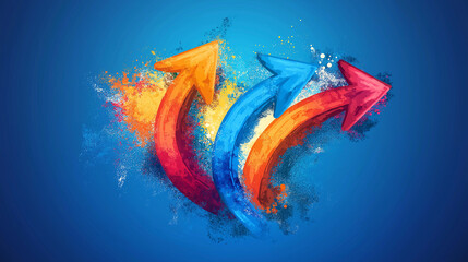 Poster - Colorful arrows pointing up with paint splatter effect on blue background