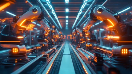 Aufkleber - A futuristic assembly line with robotic arms, illuminated by orange and blue lighting, showcasing advanced automation technology.