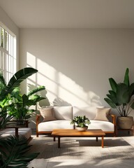 Wall Mural - Modern living room with plants, cozy sofa, and natural light.