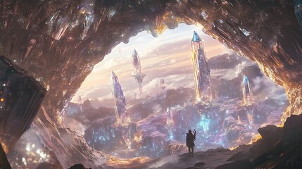 A lone figure stands at the entrance of a cave, gazing out at a breathtaking vista of crystalline structures reaching towards a sky filled with swirling clouds.