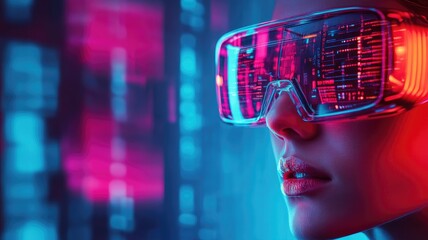 Wall Mural - Woman wearing VR headset with futuristic digital background