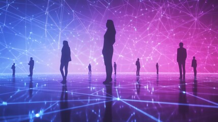 Poster - silhouetted figures stand in a vibrant, interconnected digital space, illuminated by blue and pink h