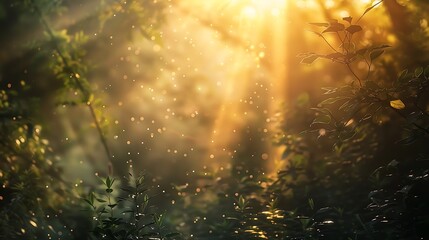 Wall Mural - sunbeams shining through the branches of a forest, creating a mystical atmosphere with fog and light