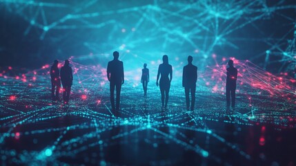 Poster - A futuristic scene with silhouetted figures standing amidst glowing networks of data connections in vibrant shades of blue and pink.