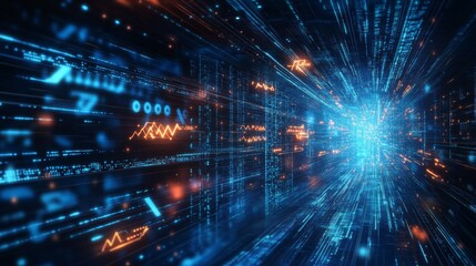 Poster - A vibrant, digital scene depicting streams of data flowing towards a luminous center, symbolizing technological advancement and information processing.