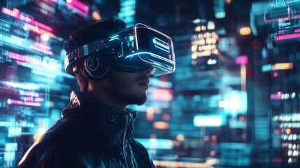 Fototapete - A person wearing a VR headset stands against a backdrop of vibrant, digital lights, embodying the futuristic world of virtual reality and technology.