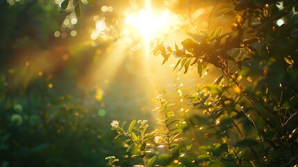 Wall Mural - sunbeams piercing through the green leaves, creating a warm and vibrant atmosphere.
