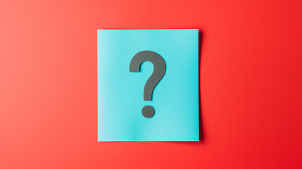 Poster - Big black question mark lying on blue sticky note on red background