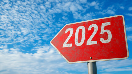 Poster - Red road sign pointing to the year 2025 against a blue sky