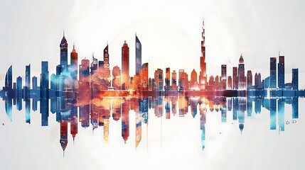 silhouette of dubai's skyline with its iconic skyscrapers, reflected in a calm body of water. the re