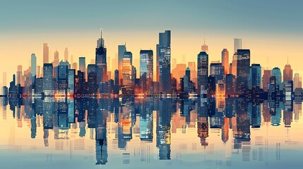 Wall Mural - Modern city skyline reflected in the water, highlighting the urban landscape at sunset. The skyscrapers, illuminated with warm lights, create a reflection symbolizing the city's dynamic nature.