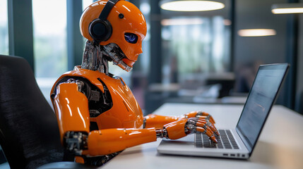 Fototapete - Orange robot working at desk using laptop computer wearing headphones