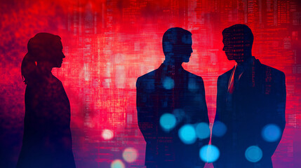 Poster - Business people silhouettes standing against red code background