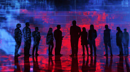 Poster - Business people silhouettes standing in front of glowing lines pattern
