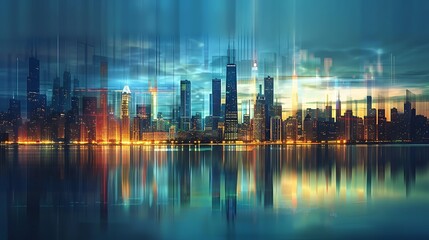 Poster - cityscape with reflections in water. the city skyline is illuminated by a mesmerizing glow, showcasi