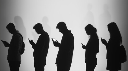 Poster - Five people standing in line using smartphones