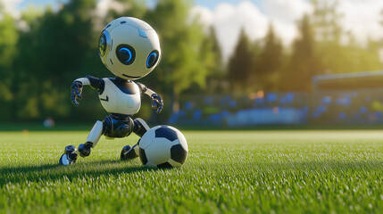 Poster - Cute robot is playing soccer on a sunny summer day
