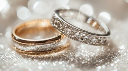 Close-up of diamond wedding rings in gold and silver, set on a white background with a luxurious, sparkling effect.