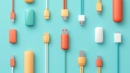 Charging cables and adapters, organized setup, flat design illustration