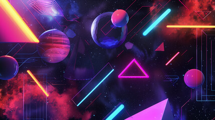 Poster - Abstract background, bold neon geometric shapes floating in a dark galaxy-inspired space. business background wallpaper 