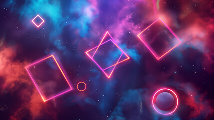 Poster - Abstract background, bold neon geometric shapes floating in a dark galaxy-inspired space. business background wallpaper 