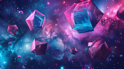 Poster - Abstract background, bold neon geometric shapes floating in a dark galaxy-inspired space. business background wallpaper 