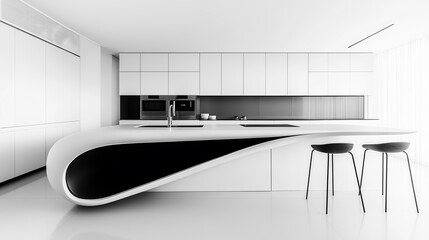Aufkleber - Modern minimalist black and white kitchen boasting seamless design flowing into breakfast bar