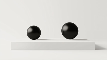 Poster - Two black spheres balancing on white platform minimalist still life