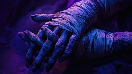 Creepy mummified hands wrapped in bandages, set on a dark purple background with spooky Halloween lighting.