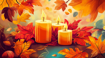 Poster - Three candles burning surrounded by autumn leaves on a fall evening